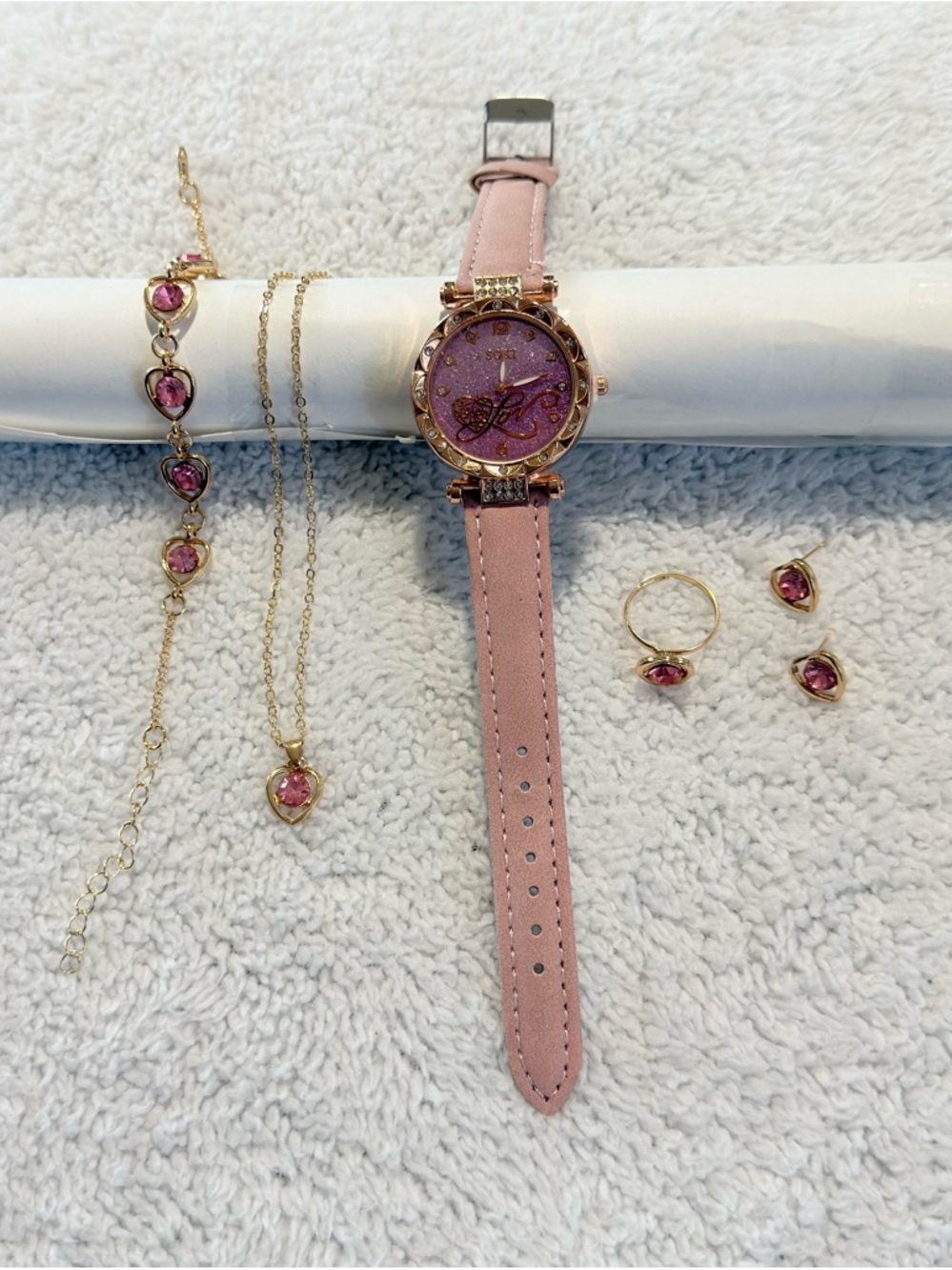 Jewelry Set 5 Pieces: Watch with Glitter, Necklace, Bracelet, Ring and Pink Earr - Picture 2 of 9